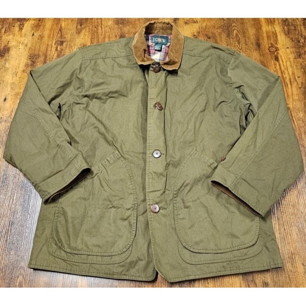 Vintage J Crew Jacket Men's L Olive Barn Coat Corduroy Collar Oarsman Chore 90s